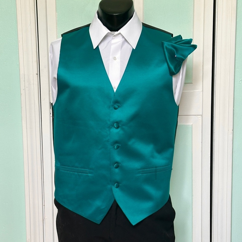 Oasis Teal Satin Closed Back Vest Wedding Prom Tuxedo Men’s Large L Tall Long